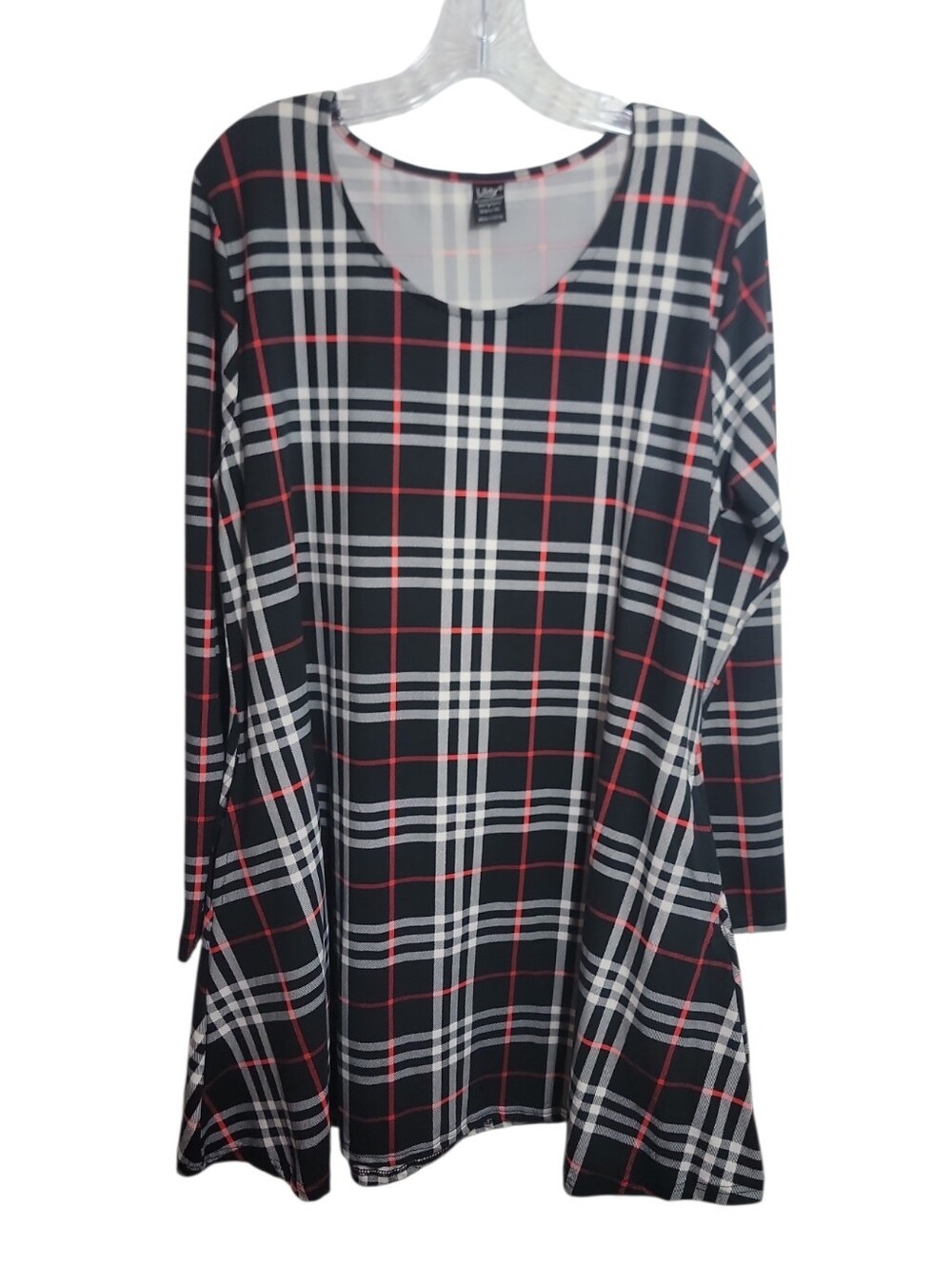 Lildy plaid long sleeve swing tunic  top women's L-XL black white red pockets